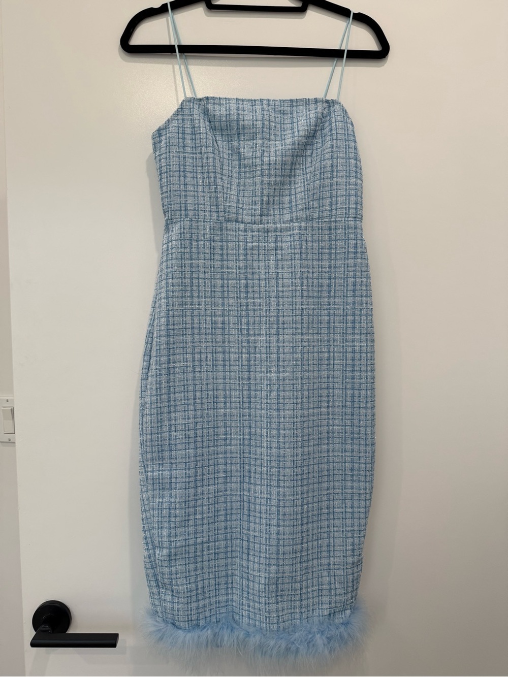 SHEIN Light Blue Tweed Midi Slip Dress with Feather Hem